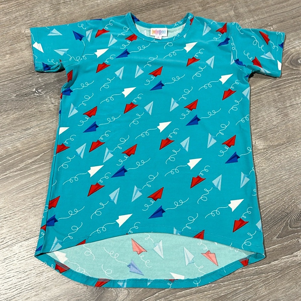 Lularoe Girls Tunic T Shirt Paper Airplanes Size 8 Blue, Teal & Red